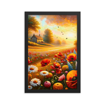 Ölgemälde eines Blumenfeldes im Sonnenuntergang, leuchtende Farbpalette - Premium Poster mit Rahmen camping xxx yyy zzz 30.5 x 45.7 cm