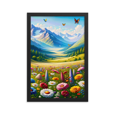 Ölgemälde einer ruhigen Almwiese, Oase mit bunter Wildblumenpracht - Premium Poster mit Rahmen camping xxx yyy zzz 30.5 x 45.7 cm