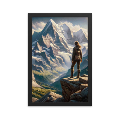Ölgemälde der Alpengipfel mit Schweizer Abenteurerin auf Felsvorsprung - Premium Poster mit Rahmen wandern xxx yyy zzz 30.5 x 45.7 cm
