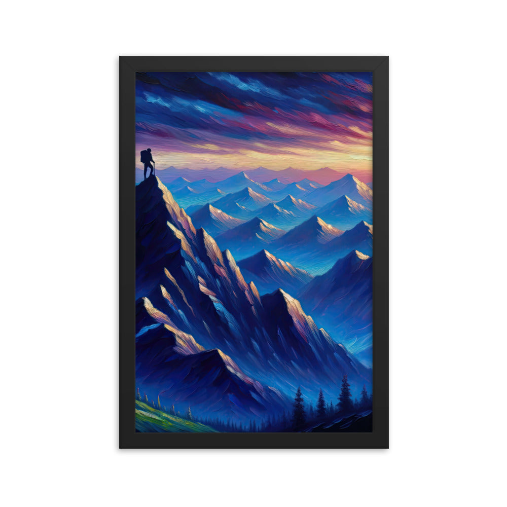 Ölgemälde eines ruhigen Alpenabends mit Bergsteigersilhouette auf dem Gipfel - Premium Poster mit Rahmen wandern xxx yyy zzz 30.5 x 45.7 cm