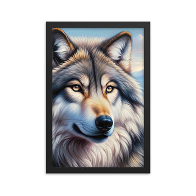 Ölgemäldeporträt eines majestätischen Wolfes mit intensiven Augen in der Berglandschaft (AN) - Premium Poster mit Rahmen xxx yyy zzz 30.5 x 45.7 cm