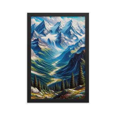 Panorama-Ölgemälde der Alpen mit schneebedeckten Gipfeln und schlängelnden Flusstälern - Premium Poster mit Rahmen berge xxx yyy zzz 30.5 x 45.7 cm