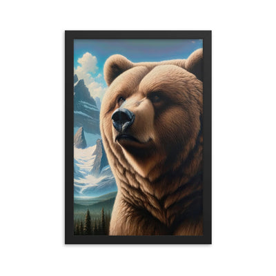 Realistisches Ölgemälde eines männlichen Bären in den Bergen mit Fokus auf Stärke und Schärfe - Premium Poster mit Rahmen camping xxx yyy zzz 30.5 x 45.7 cm