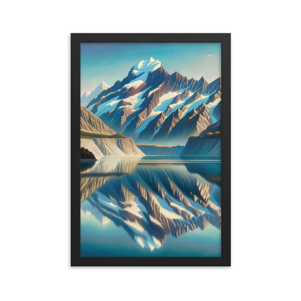 Ölgemälde eines unberührten Sees, der die Bergkette spiegelt - Premium Poster mit Rahmen berge xxx yyy zzz 30.5 x 45.7 cm