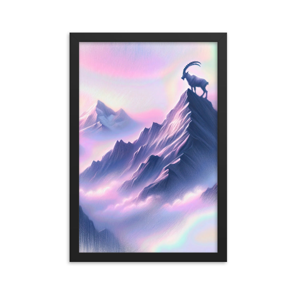 Pastellzeichnung der Alpen im Morgengrauen mit Steinbock in Rosa- und Lavendeltönen - Premium Poster mit Rahmen berge xxx yyy zzz 30.5 x 45.7 cm