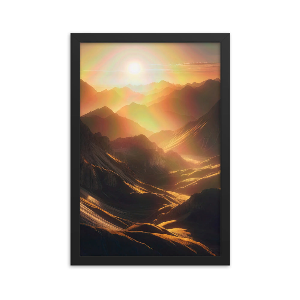 Foto der goldenen Stunde in den Bergen mit warmem Schein über zerklüftetem Gelände - Premium Poster mit Rahmen berge xxx yyy zzz 30.5 x 45.7 cm