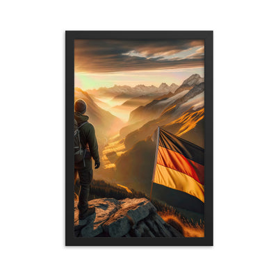 Foto der Alpen bei Sonnenuntergang mit deutscher Flagge und Wanderer, goldenes Licht auf Schneegipfeln - Enhanced Matte Paper Framed berge xxx yyy zzz 30.5 x 45.7 cm