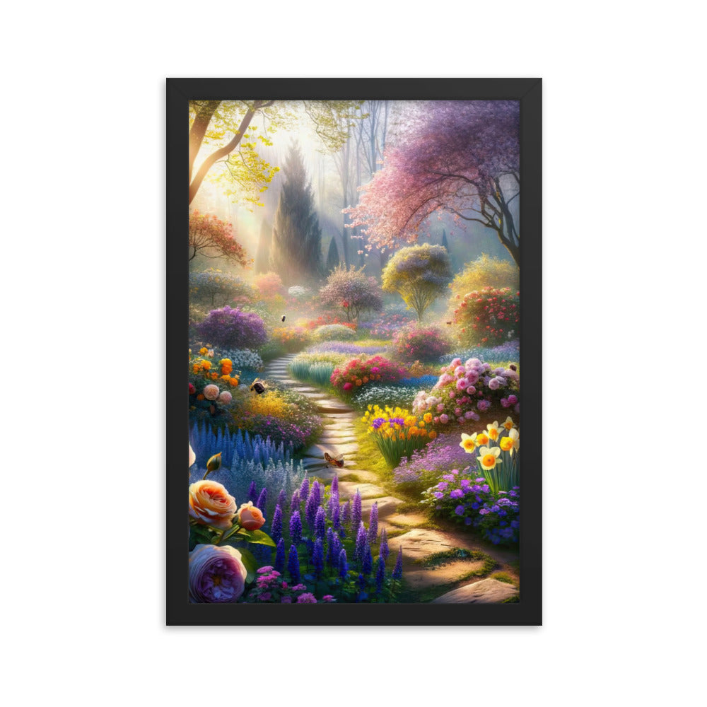 Foto einer Gartenszene im Frühling mit Weg durch blühende Rosen und Veilchen - Premium Poster mit Rahmen camping xxx yyy zzz 30.5 x 45.7 cm