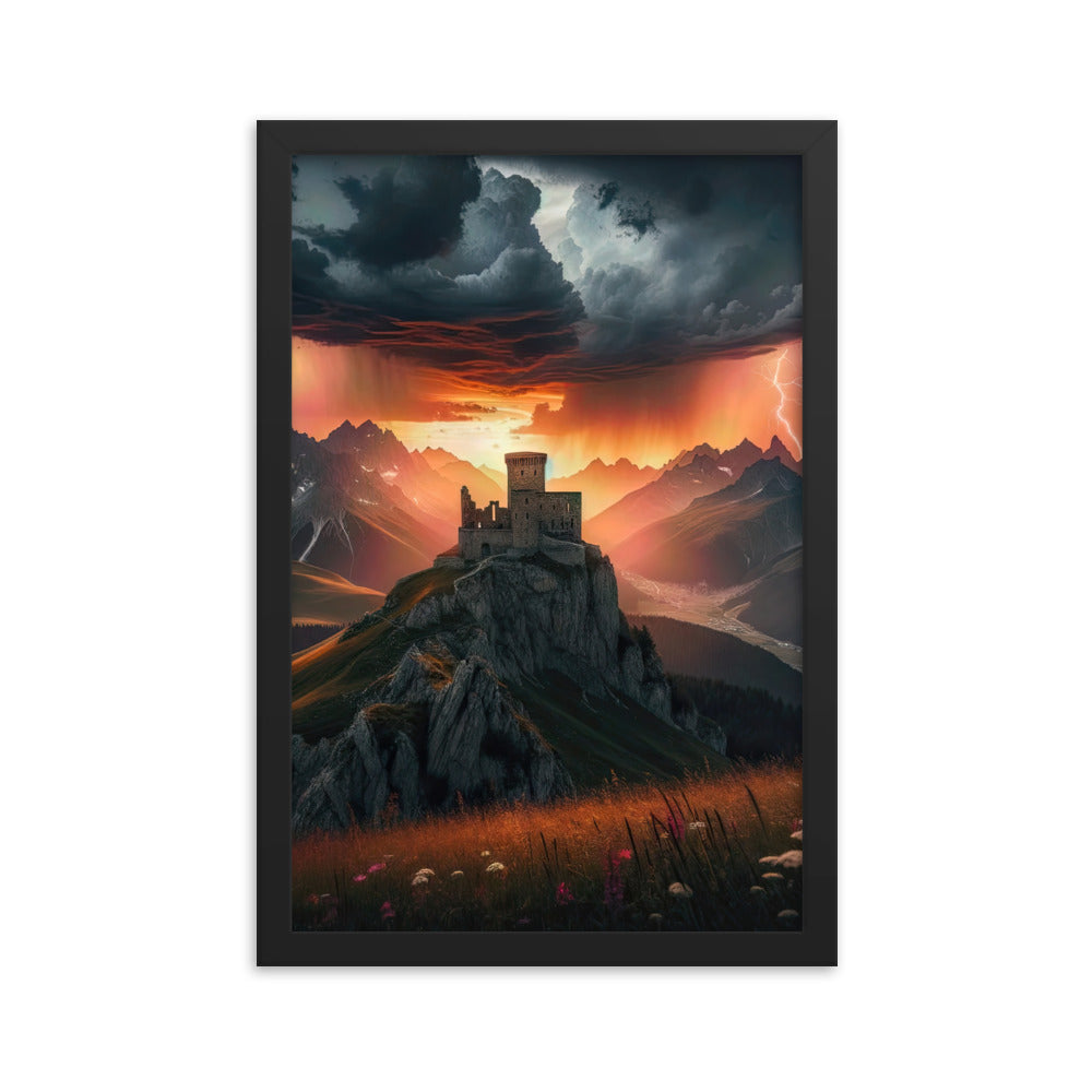 Foto einer Alpenburg bei stürmischem Sonnenuntergang, dramatische Wolken und Sonnenstrahlen - Premium Poster mit Rahmen berge xxx yyy zzz 30.5 x 45.7 cm