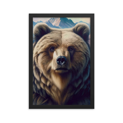 Foto eines Bären vor abstrakt gemalten Alpenbergen, Oberkörper im Fokus - Premium Poster mit Rahmen camping xxx yyy zzz 30.5 x 45.7 cm