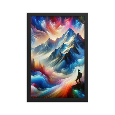 Foto eines abstrakt-expressionistischen Alpengemäldes mit Wanderersilhouette - Premium Poster mit Rahmen wandern xxx yyy zzz 30.5 x 45.7 cm