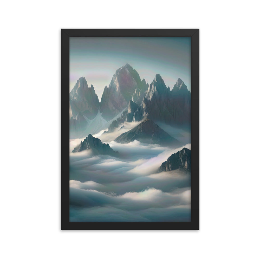 Foto eines nebligen Alpenmorgens, scharfe Gipfel ragen aus dem Nebel - Premium Poster mit Rahmen berge xxx yyy zzz 30.5 x 45.7 cm