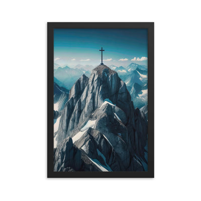 Foto der Alpen mit Gipfelkreuz an einem klaren Tag, schneebedeckte Spitzen vor blauem Himmel - Premium Poster mit Rahmen berge xxx yyy zzz 30.5 x 45.7 cm
