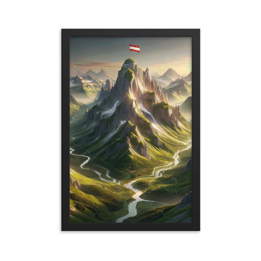 Fotorealistisches Bild der Alpen mit österreichischer Flagge, scharfen Gipfeln und grünen Tälern - Enhanced Matte Paper Framed Poster berge xxx yyy zzz 30.5 x 45.7 cm