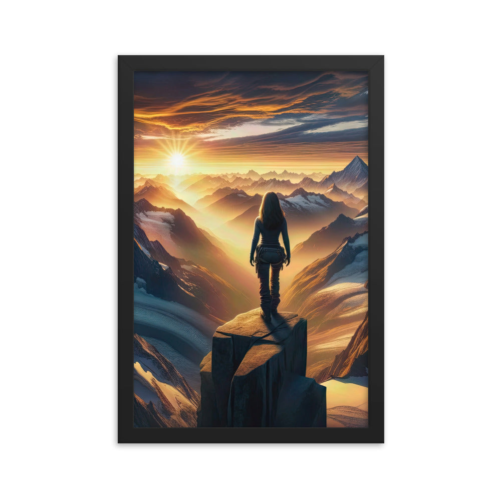 Fotorealistische Darstellung der Alpen bei Sonnenaufgang, Wanderin unter einem gold-purpurnen Himmel - Enhanced Matte Paper Framed wandern xxx yyy zzz 30.5 x 45.7 cm