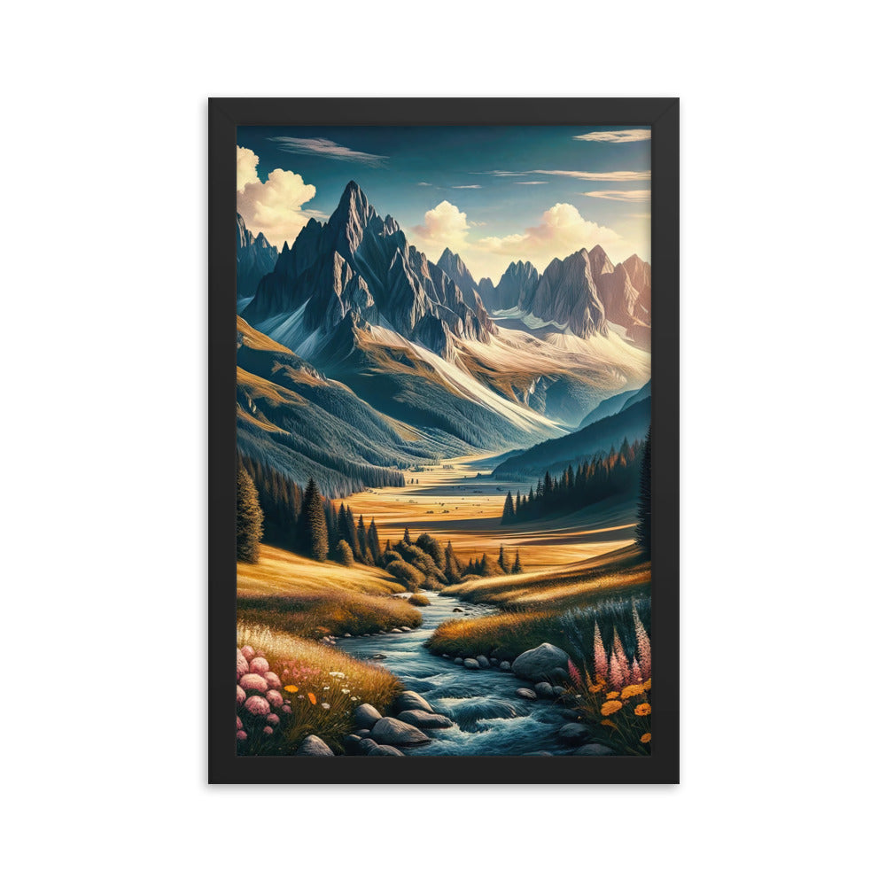 Quadratisches Kunstwerk der Alpen, majestätische Berge unter goldener Sonne - Premium Poster mit Rahmen berge xxx yyy zzz 30.5 x 45.7 cm