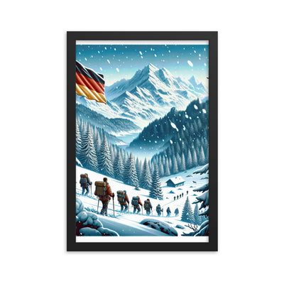 Quadratische Winterillustration der Alpen mit deutscher Flagge und Wanderteam - Premium Poster mit Rahmen wandern xxx yyy zzz 30.5 x 45.7 cm