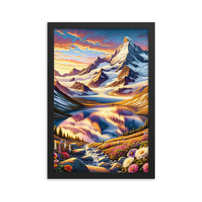 Quadratische Illustration der Alpen mit schneebedeckten Gipfeln und Wildblumen - Premium Poster mit Rahmen berge xxx yyy zzz 30.5 x 45.7 cm