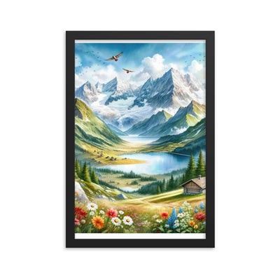 Quadratisches Aquarell der Alpen, Berge mit schneebedeckten Spitzen - Premium Poster mit Rahmen berge xxx yyy zzz 30.5 x 45.7 cm