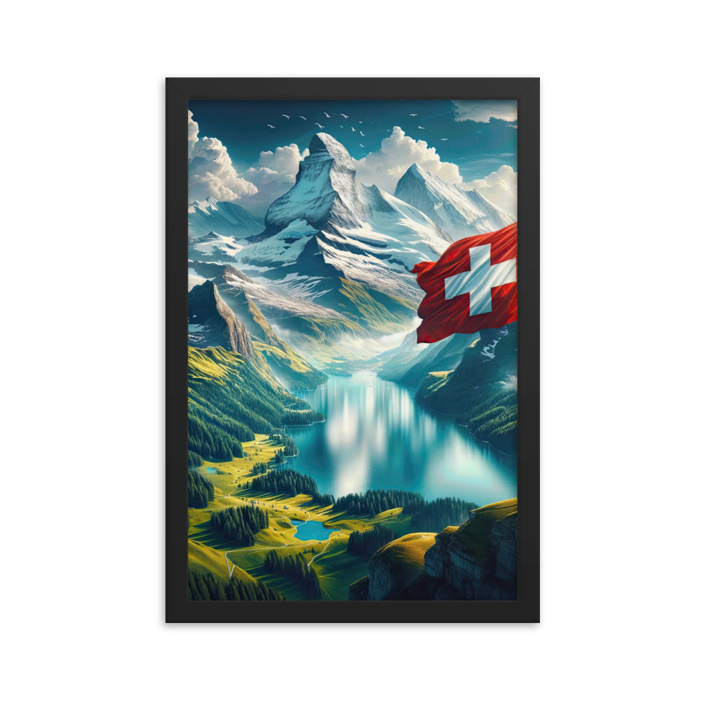 Ultraepische, fotorealistische Darstellung der Schweizer Alpenlandschaft mit Schweizer Flagge - Premium Poster mit Rahmen berge xxx yyy zzz 30.5 x 45.7 cm