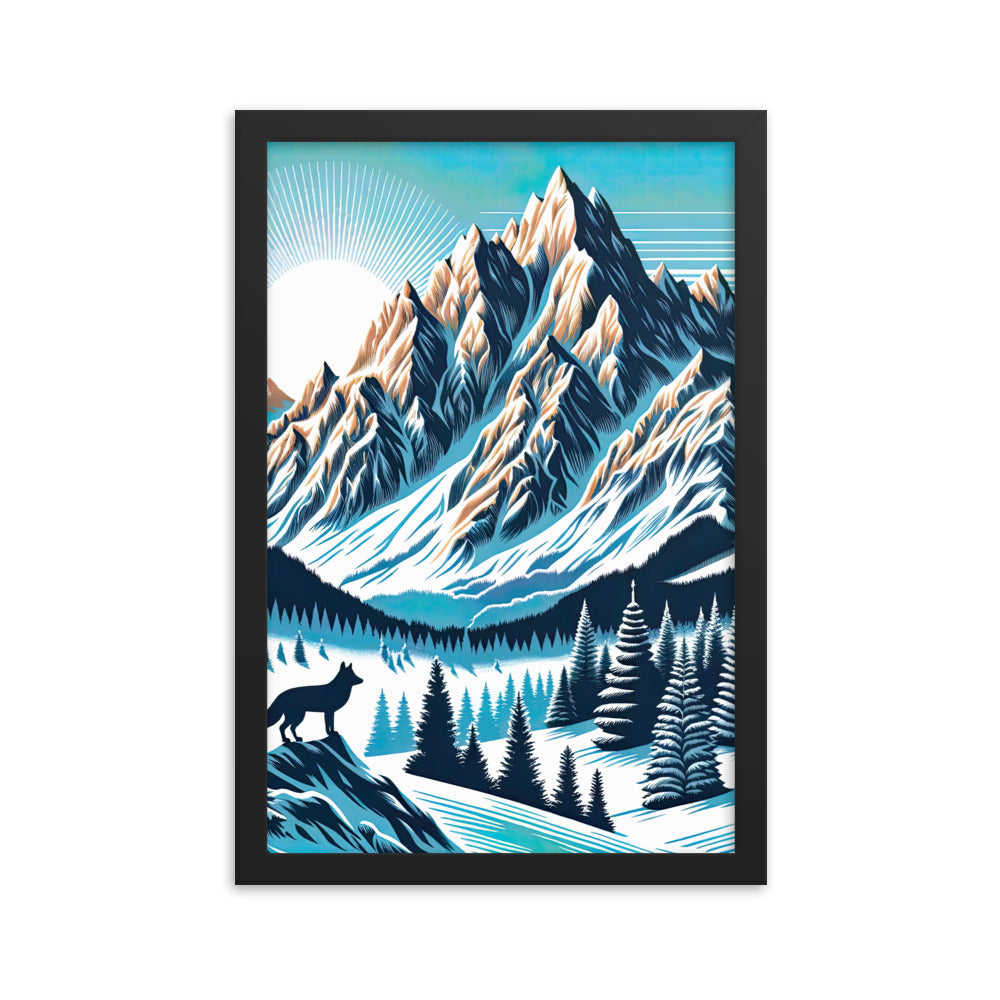 Vektorgrafik eines Wolfes im winterlichen Alpenmorgen, Berge mit Schnee- und Felsmustern - Premium Poster mit Rahmen berge xxx yyy zzz 30.5 x 45.7 cm