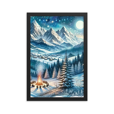 Aquarell eines Winterabends in den Alpen mit Lagerfeuer und Wanderern, glitzernder Neuschnee - Premium Poster mit Rahmen camping xxx yyy zzz 30.5 x 45.7 cm