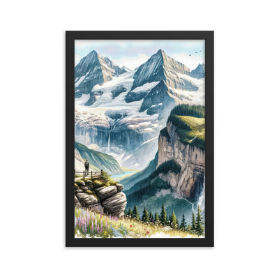 Aquarell-Panoramablick der Alpen mit schneebedeckten Gipfeln, Wasserfällen und Wanderern - Premium Poster mit Rahmen wandern xxx yyy zzz 30.5 x 45.7 cm