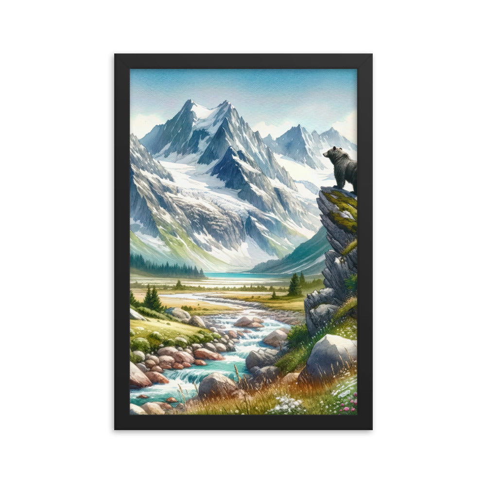 Aquarellmalerei eines Bären und der sommerlichen Alpenschönheit mit schneebedeckten Ketten - Premium Poster mit Rahmen camping xxx yyy zzz 30.5 x 45.7 cm