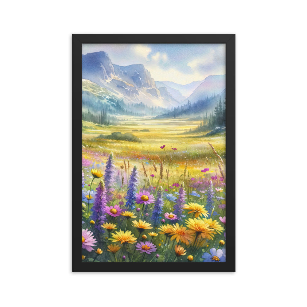 Aquarell einer Almwiese in Ruhe, Wildblumenteppich in Gelb, Lila, Rosa - Premium Poster mit Rahmen berge xxx yyy zzz 30.5 x 45.7 cm
