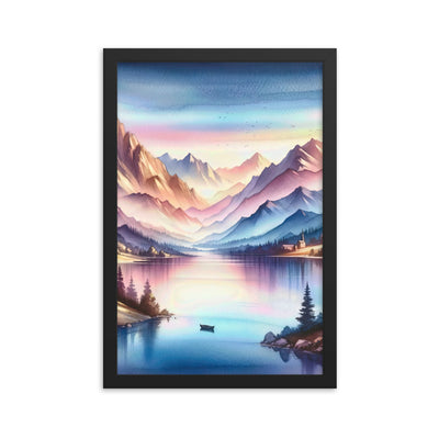 Aquarell einer Dämmerung in den Alpen, Boot auf einem See in Pastell-Licht - Premium Poster mit Rahmen berge xxx yyy zzz 30.5 x 45.7 cm