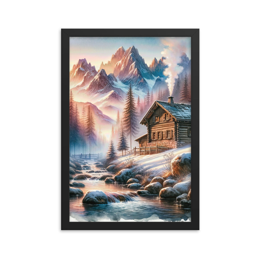 Aquarell einer Alpenszene im Morgengrauen, Haus in den Bergen - Premium Poster mit Rahmen berge xxx yyy zzz 30.5 x 45.7 cm