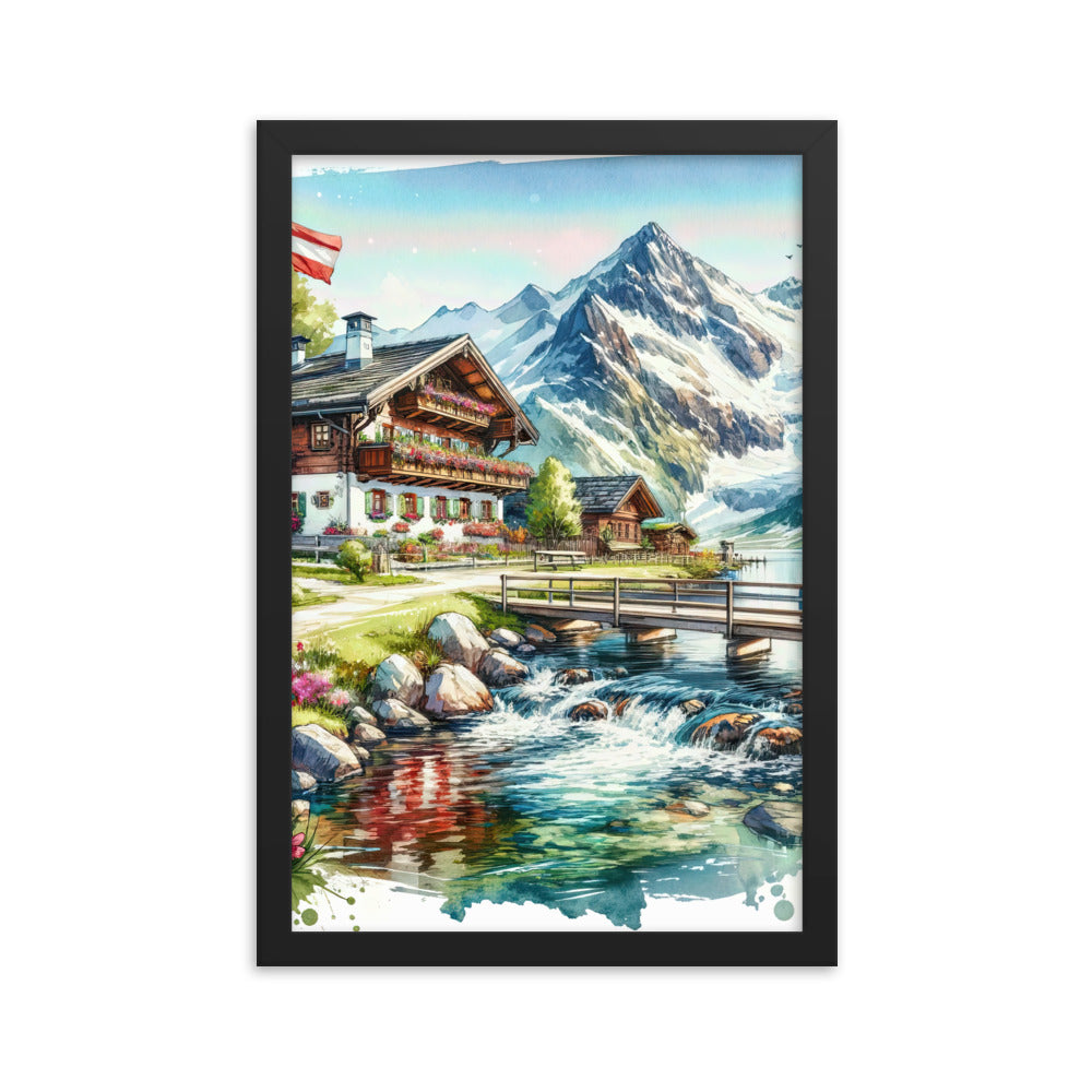 Aquarell der frühlingshaften Alpenkette mit österreichischer Flagge und schmelzendem Schnee - Premium Poster mit Rahmen berge xxx yyy zzz 30.5 x 45.7 cm