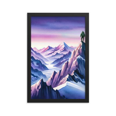Aquarell eines Bergsteigers auf einem Alpengipfel in der Abenddämmerung - Premium Poster mit Rahmen wandern xxx yyy zzz 30.5 x 45.7 cm