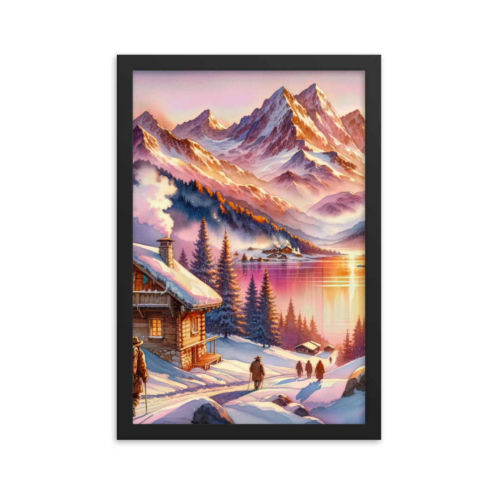 Aquarell eines Alpenpanoramas mit Wanderern bei Sonnenuntergang in Rosa und Gold - Premium Poster mit Rahmen wandern xxx yyy zzz 30.5 x 45.7 cm