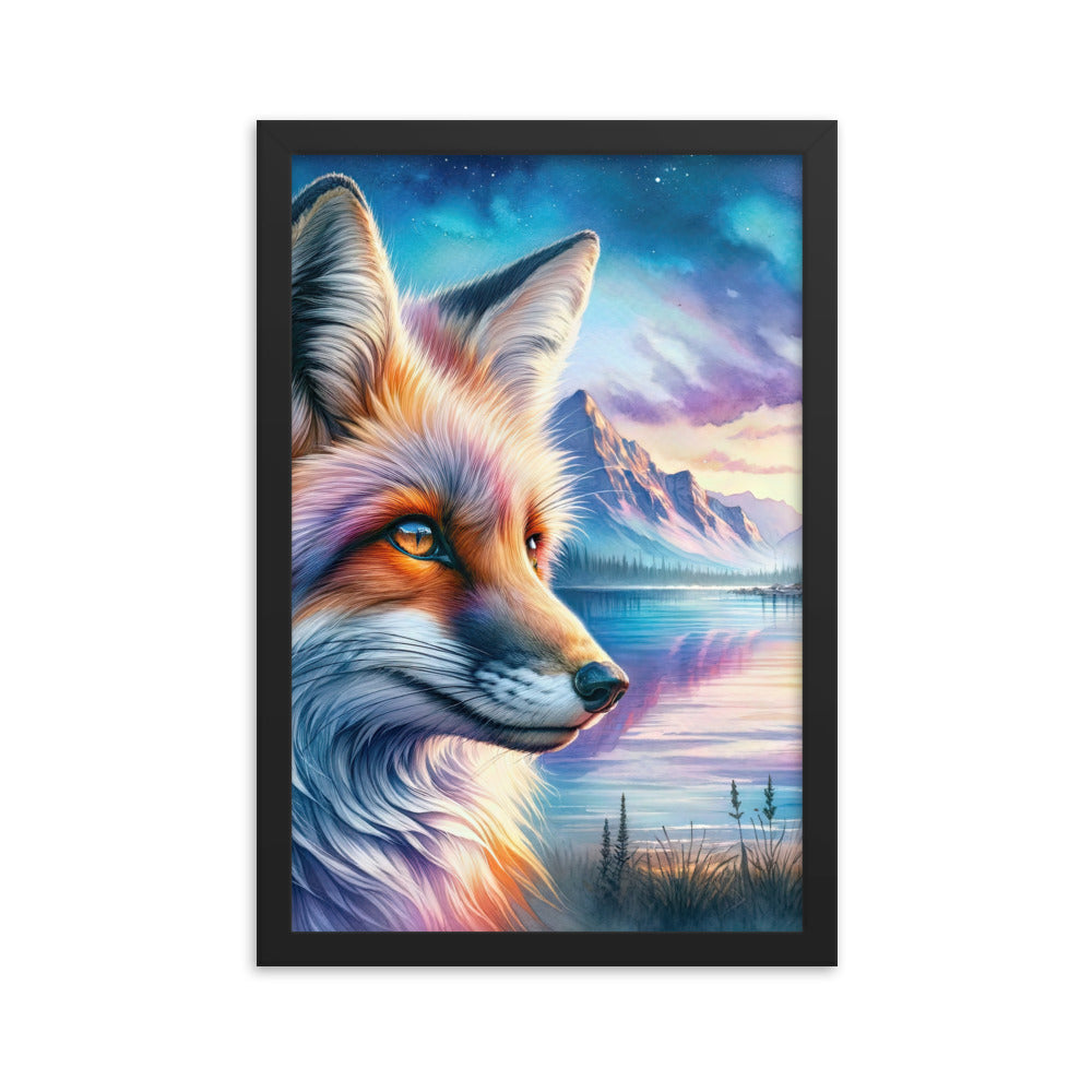Aquarellporträt eines Fuchses im Dämmerlicht am Bergsee - Premium Poster mit Rahmen camping xxx yyy zzz 30.5 x 45.7 cm