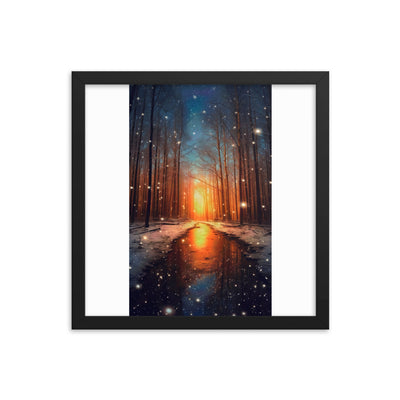 Bäume im Winter, Schnee, Sonnenaufgang und Fluss - Premium Poster mit Rahmen camping xxx Black 35.6 x 35.6 cm