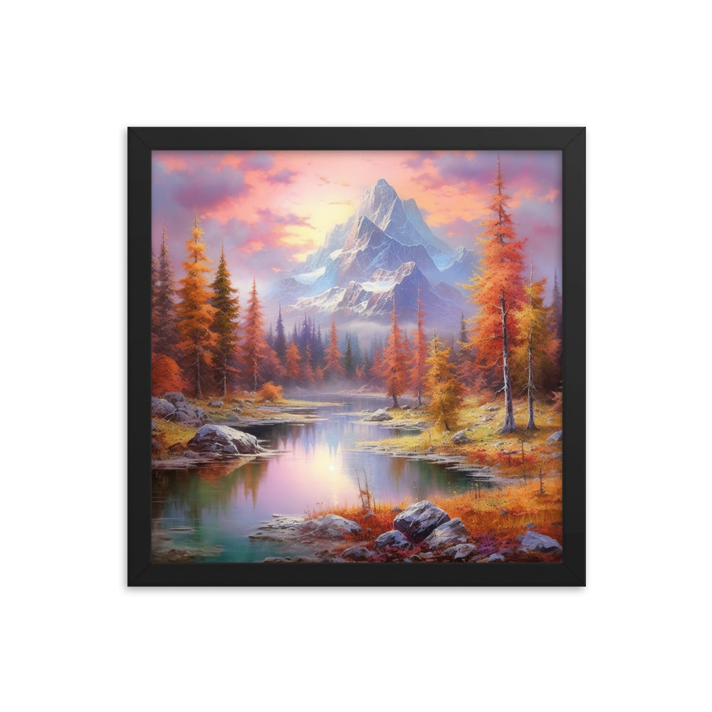 Landschaftsmalerei - Berge, Bäume, Bergsee und Herbstfarben - Premium Poster mit Rahmen berge xxx 35.6 x 35.6 cm