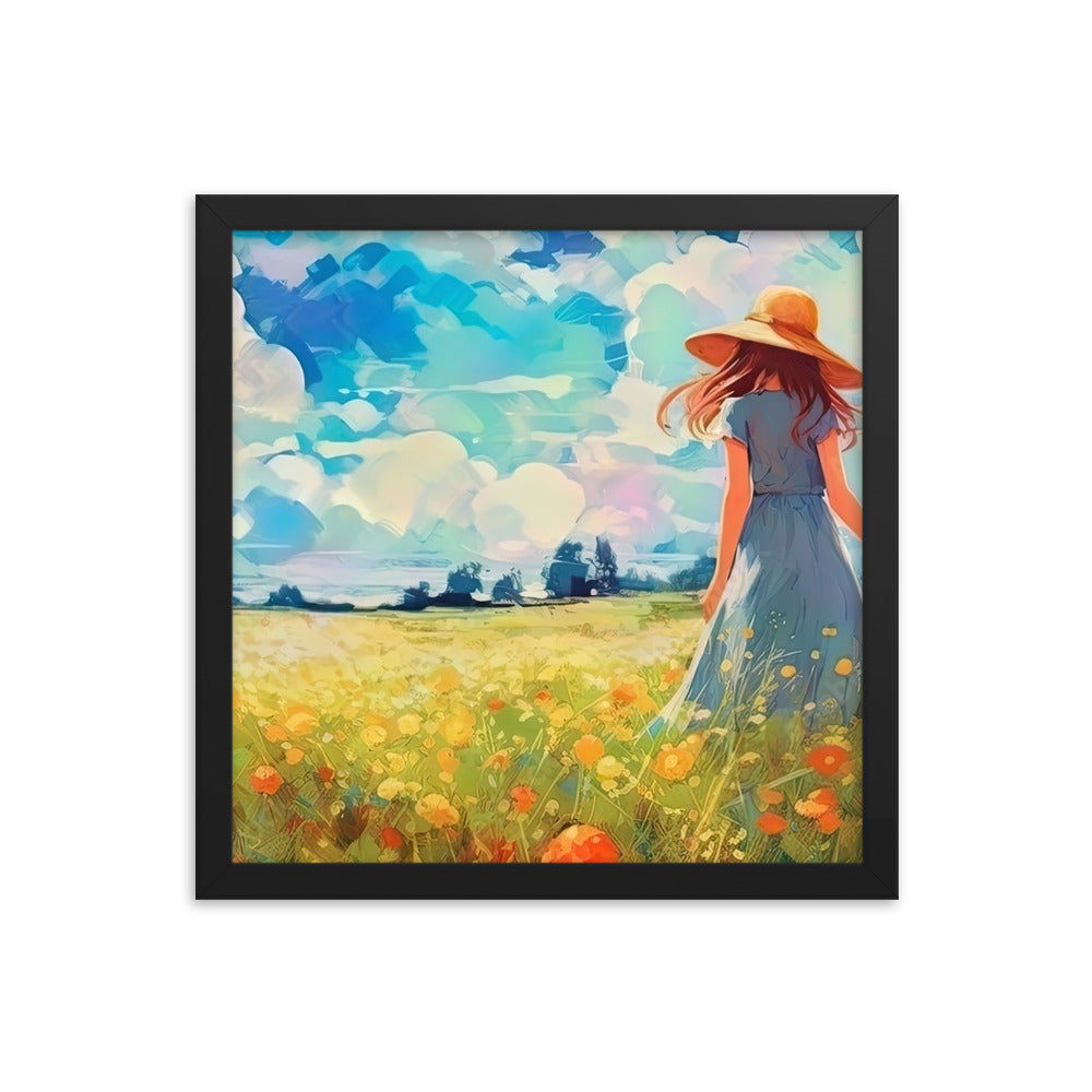 Dame mit Hut im Feld mit Blumen - Landschaftsmalerei - Premium Poster mit Rahmen camping xxx Black 35.6 x 35.6 cm