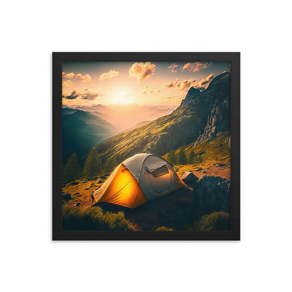 Zelt auf Berg im Sonnenaufgang - Landschafts - Premium Poster mit Rahmen camping xxx 35.6 x 35.6 cm