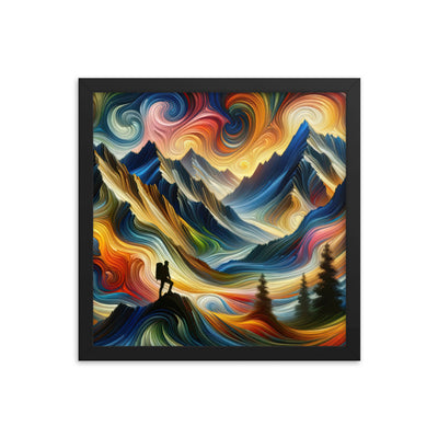 Abstraktes Kunstgemälde der Alpen mit wirbelnden, lebendigen Farben und dynamischen Mustern. Wanderer Silhouette - Enhanced Matte Paper wandern xxx yyy zzz 35.6 x 35.6 cm