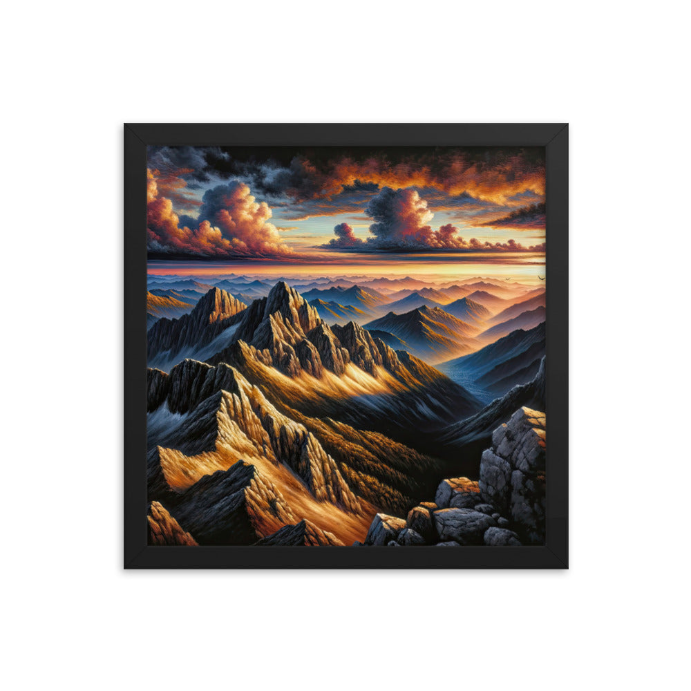 Alpen in Abenddämmerung: Acrylgemälde mit beleuchteten Berggipfeln - Premium Poster mit Rahmen berge xxx yyy zzz 35.6 x 35.6 cm