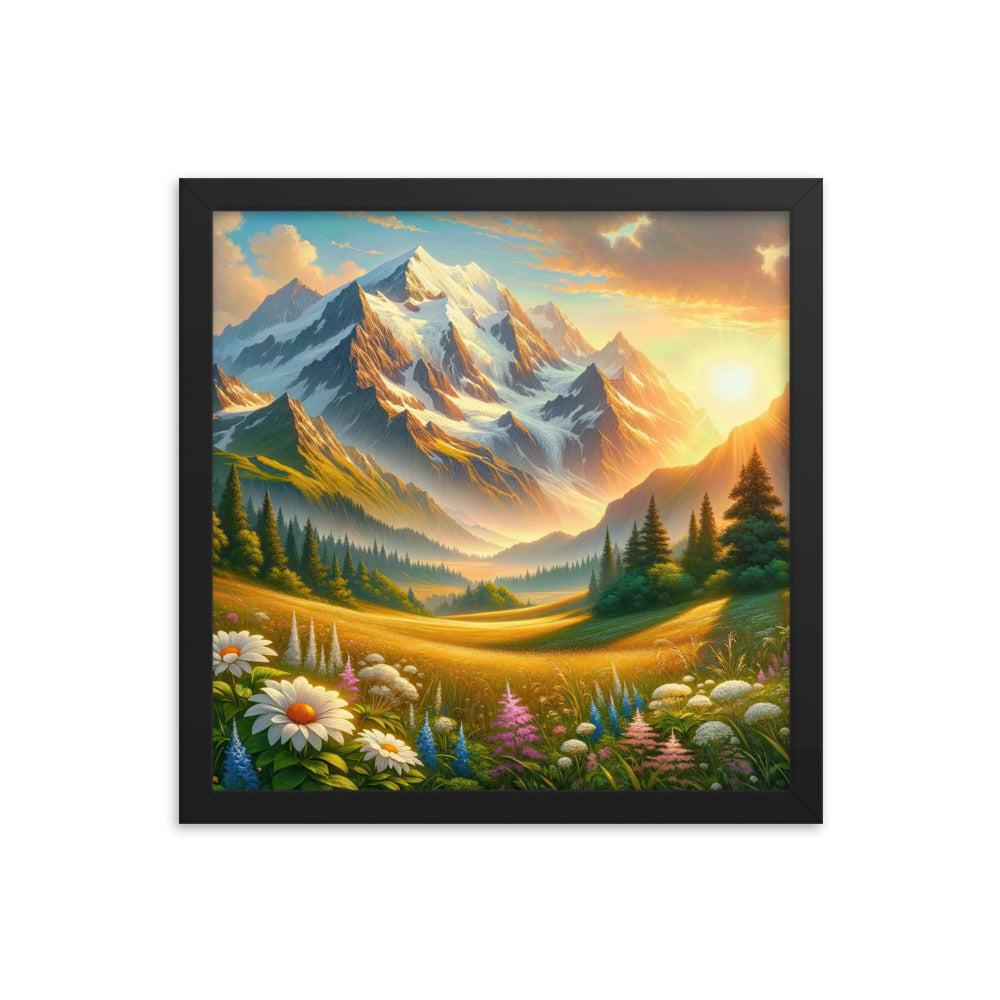 Heitere Alpenschönheit: Schneeberge und Wildblumenwiesen - Premium Poster mit Rahmen berge xxx yyy zzz 35.6 x 35.6 cm