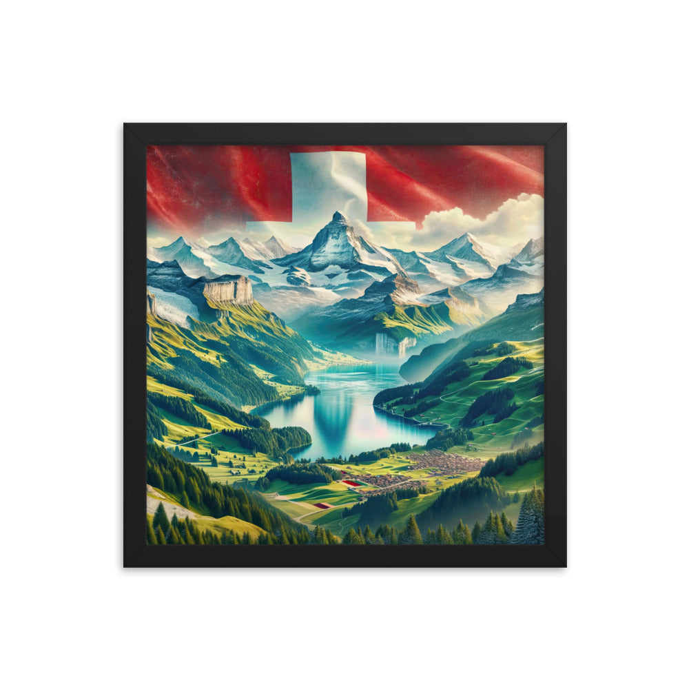 Berg Panorama: Schneeberge und Täler mit Schweizer Flagge - Premium Poster mit Rahmen berge xxx yyy zzz 35.6 x 35.6 cm