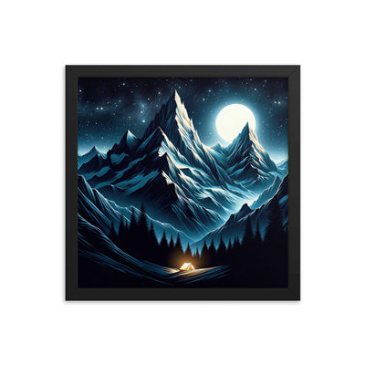 Alpennacht mit Zelt: Mondglanz auf Gipfeln und Tälern, sternenklarer Himmel - Premium Poster mit Rahmen berge xxx yyy zzz 35.6 x 35.6 cm