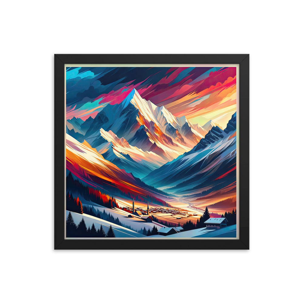 Moderne geometrische Alpen Kunst: Warmer Sonnenuntergangs Schein auf Schneegipfeln - Premium Poster mit Rahmen berge xxx yyy zzz 35.6 x 35.6 cm