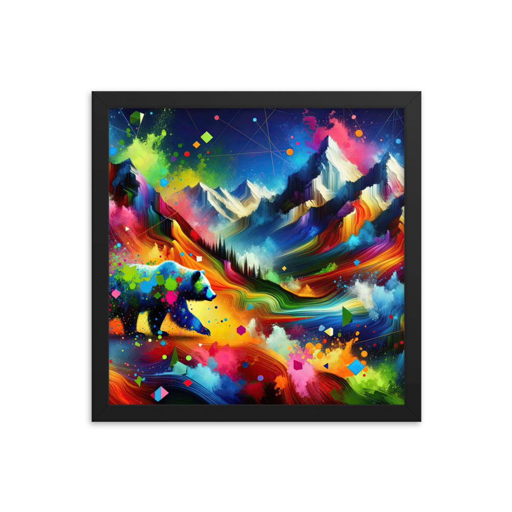 Neonfarbener Alpen Bär in abstrakten geometrischen Formen - Premium Poster mit Rahmen camping xxx yyy zzz 35.6 x 35.6 cm