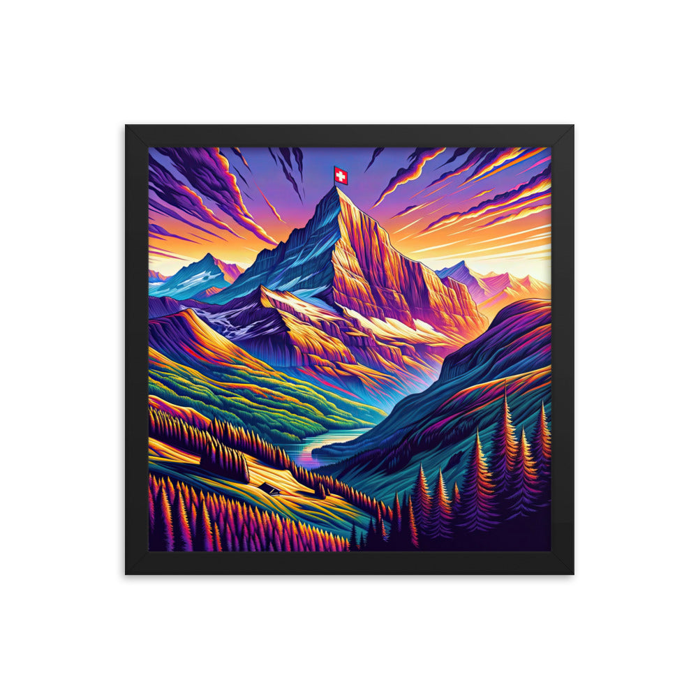 Bergpracht mit Schweizer Flagge: Farbenfrohe Illustration einer Berglandschaft - Premium Poster mit Rahmen berge xxx yyy zzz 35.6 x 35.6 cm