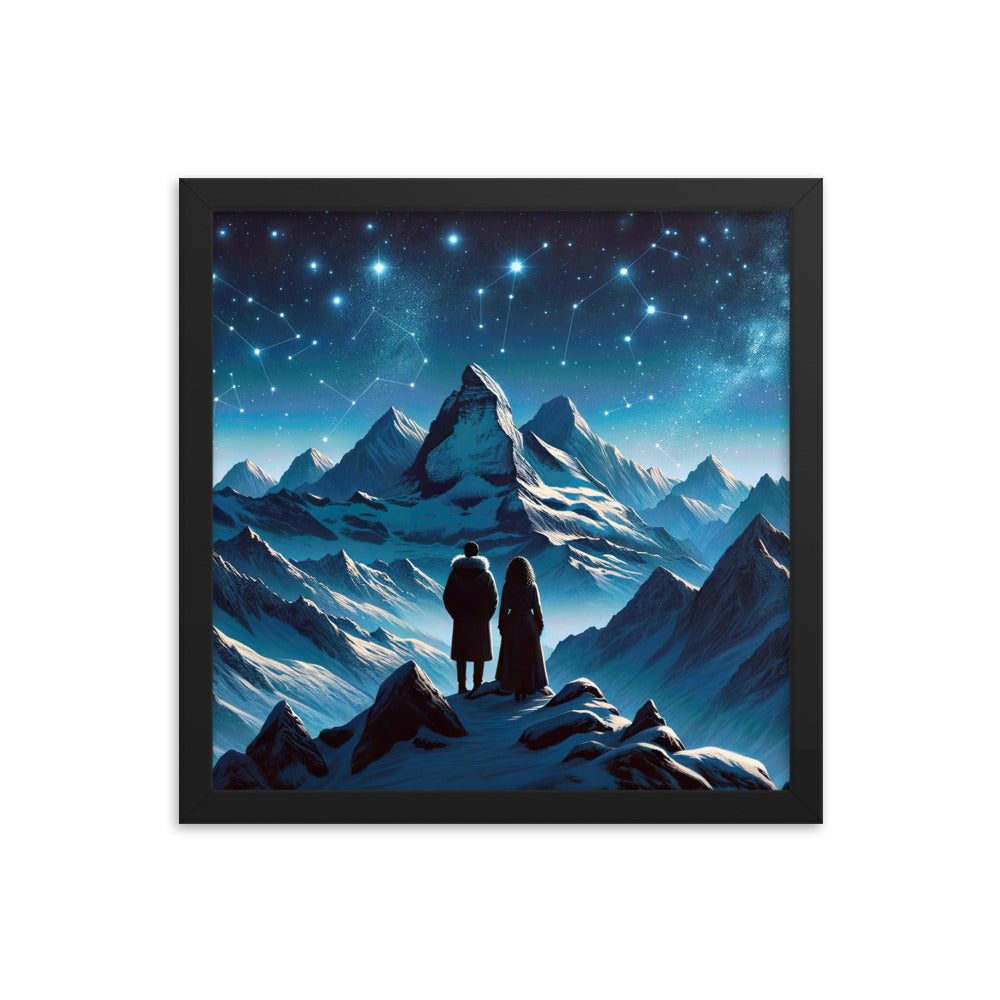 Alpenwinternacht: Digitale Kunst mit Wanderern in Bergen und Sternenhimmel - Premium Poster mit Rahmen wandern xxx yyy zzz 35.6 x 35.6 cm