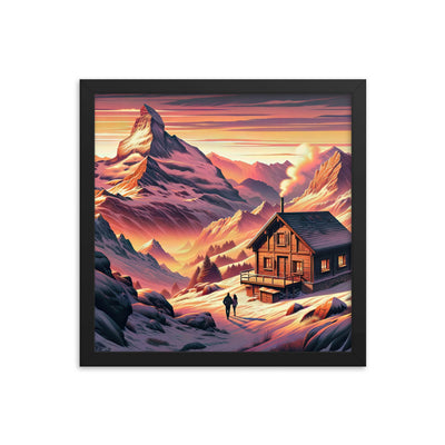 Berghütte im goldenen Sonnenuntergang: Digitale Alpenillustration - Premium Poster mit Rahmen berge xxx yyy zzz 35.6 x 35.6 cm