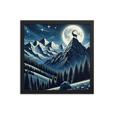 Steinbock in Alpennacht, silberne Berge und Sternenhimmel - Premium Poster mit Rahmen berge xxx yyy zzz 35.6 x 35.6 cm